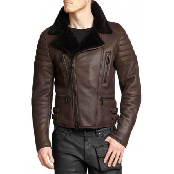 Picture of Men's Asymmetrical Zipper Biker Shearling Brown