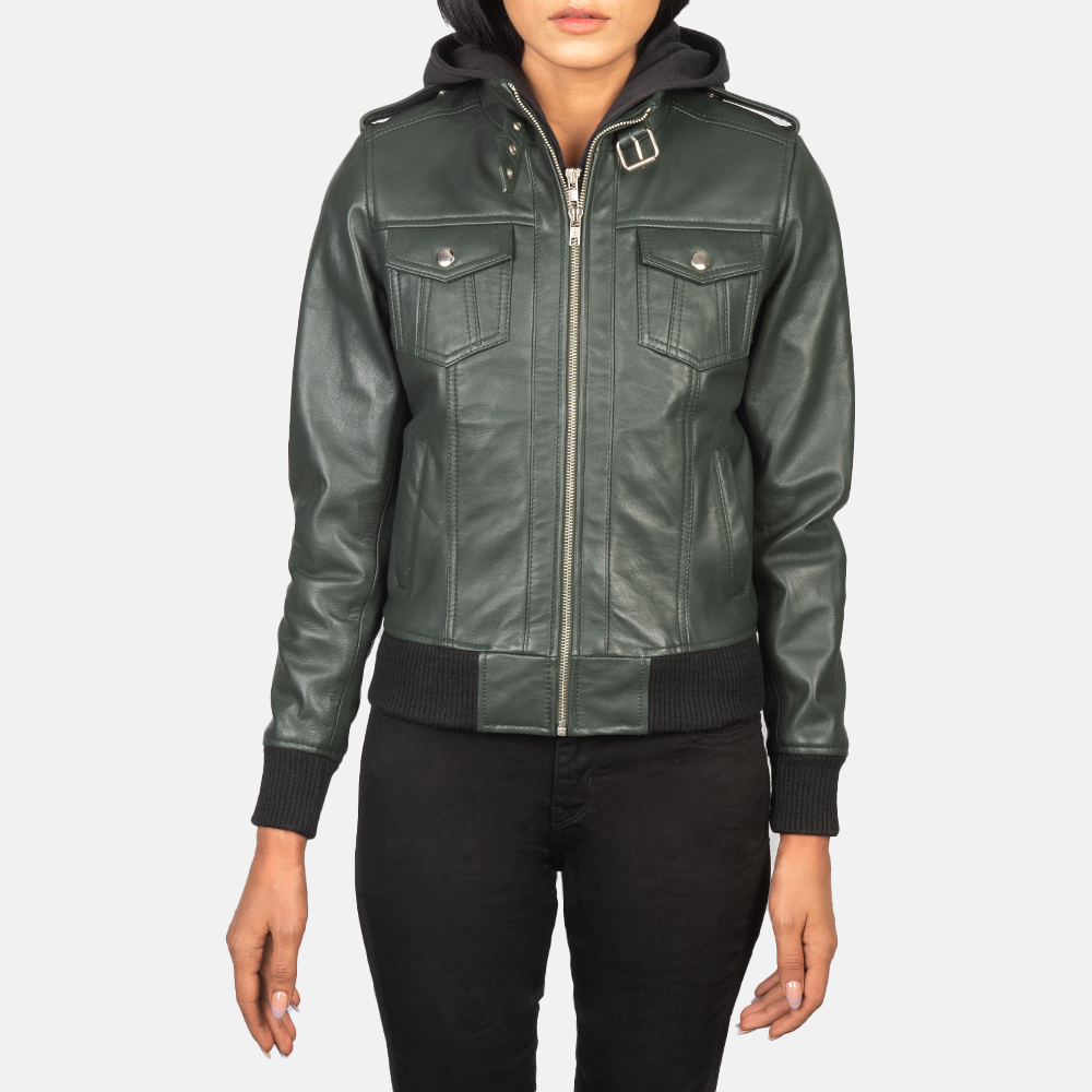 Picture of Roslyn Green Hooded Leather Bomber Jacket